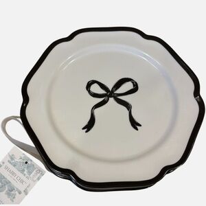 4 NEW Shabby Chic Melamine 8.5" Plates White Black Bows Scalloped Edges Set of 4